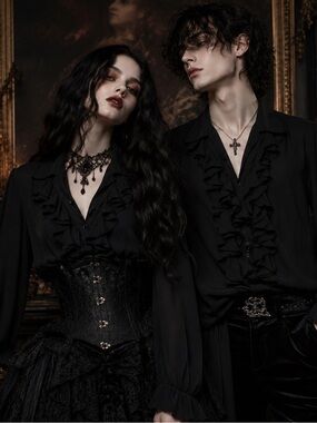 Vintage Boutique Black Silk Blouse L - Romantic Goth Vampirecore
